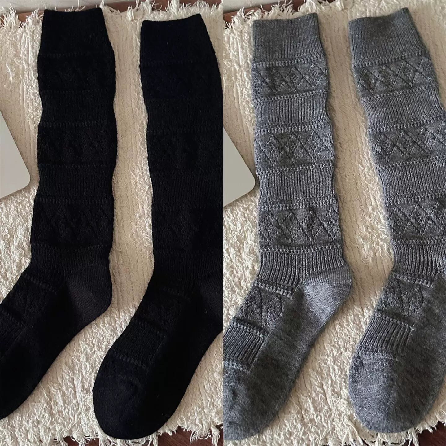 Crystorax | Warm Velvet Diamond Knit Mid-Calf Socks for Women, Korean Retro Pile Socks for Autumn and Winter