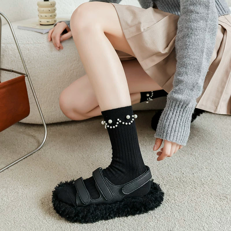 Crystorax | Black Pearl Smiley Mid-Calf Socks for Women, Japanese-Inspired British Style Socks for Leather Shoes