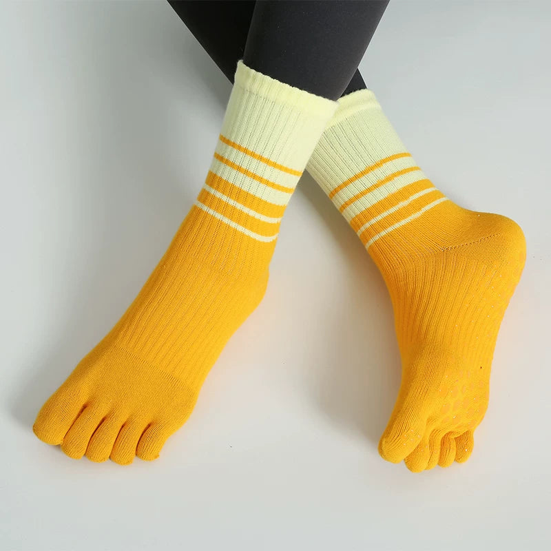 Crystorax | Gradient Stripe Non-Slip Toe Yoga Socks for Women, Mid-Calf Autumn and Winter Pilates Fitness Socks
