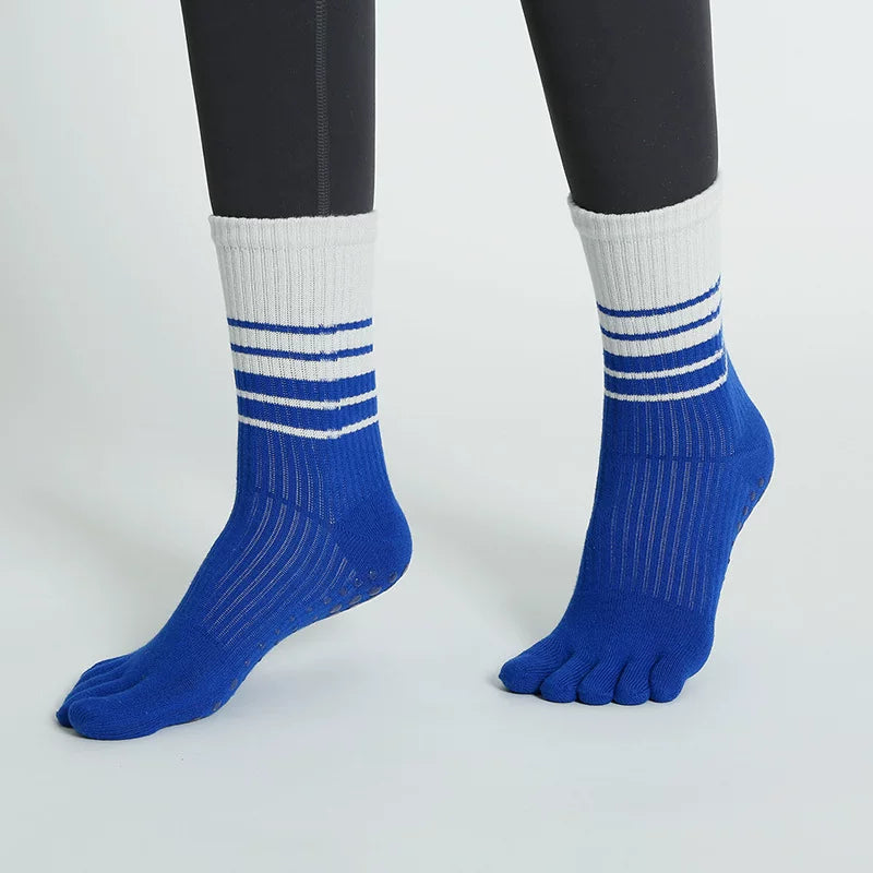 Crystorax | Gradient Stripe Non-Slip Toe Yoga Socks for Women, Mid-Calf Autumn and Winter Pilates Fitness Socks