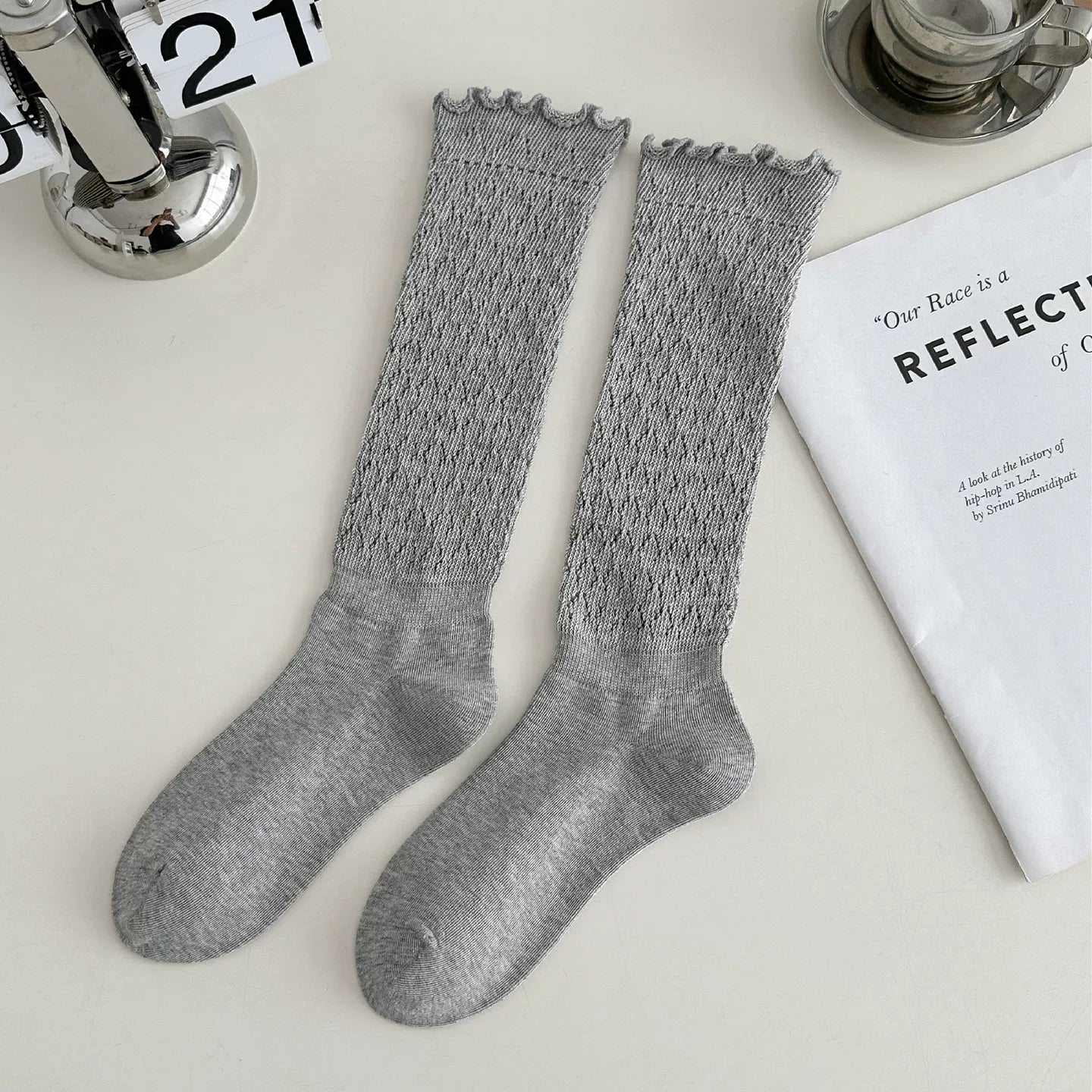 Crystorax | Women’s Knit Calf Socks with Lace Trim Detail
