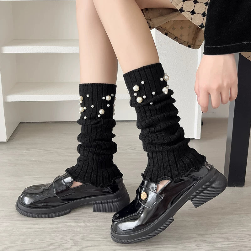 Crystorax | Pearl Accent Leg Warmers for Women, Autumn Winter Pile Mid-Calf Socks with JK and Y2K Style
