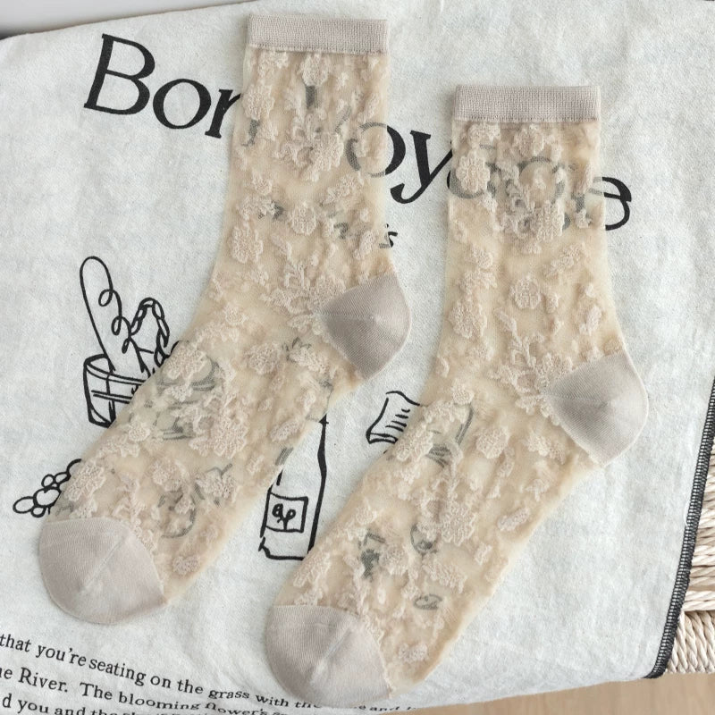 Crystorax | Retro Rose Crystal Silk Mid-Calf Socks for Women, Lightweight Spring Summer Ice Silk Floral Socks