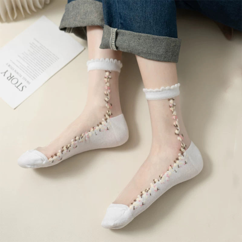 Crystorax | Lightweight Floral Mid-Calf Socks for Women, Breathable Summer Crystal Ice Silk Lace Socks with Cotton Sole