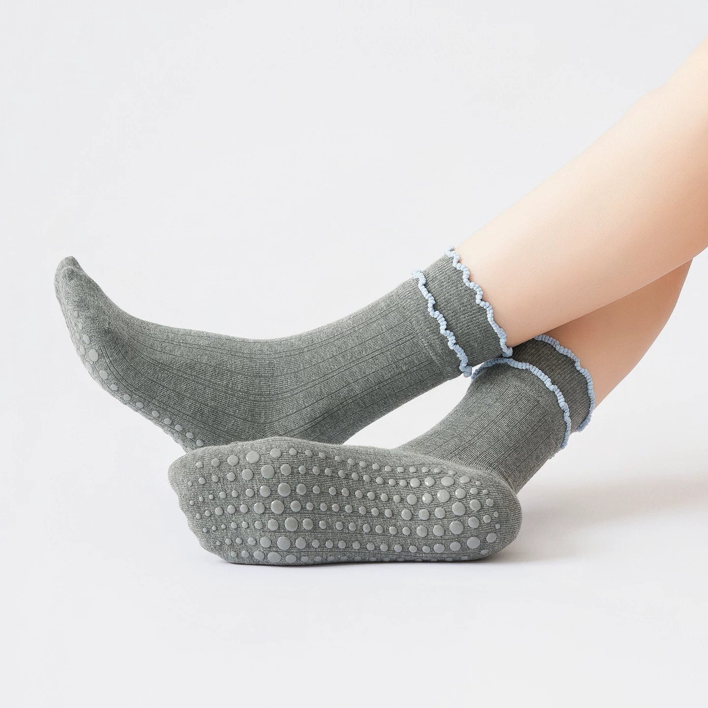 Crystorax | Lace Trim Non-Slip Mid-Calf Yoga Socks for Women, Autumn and Winter Pilates Socks for Indoor Fitness