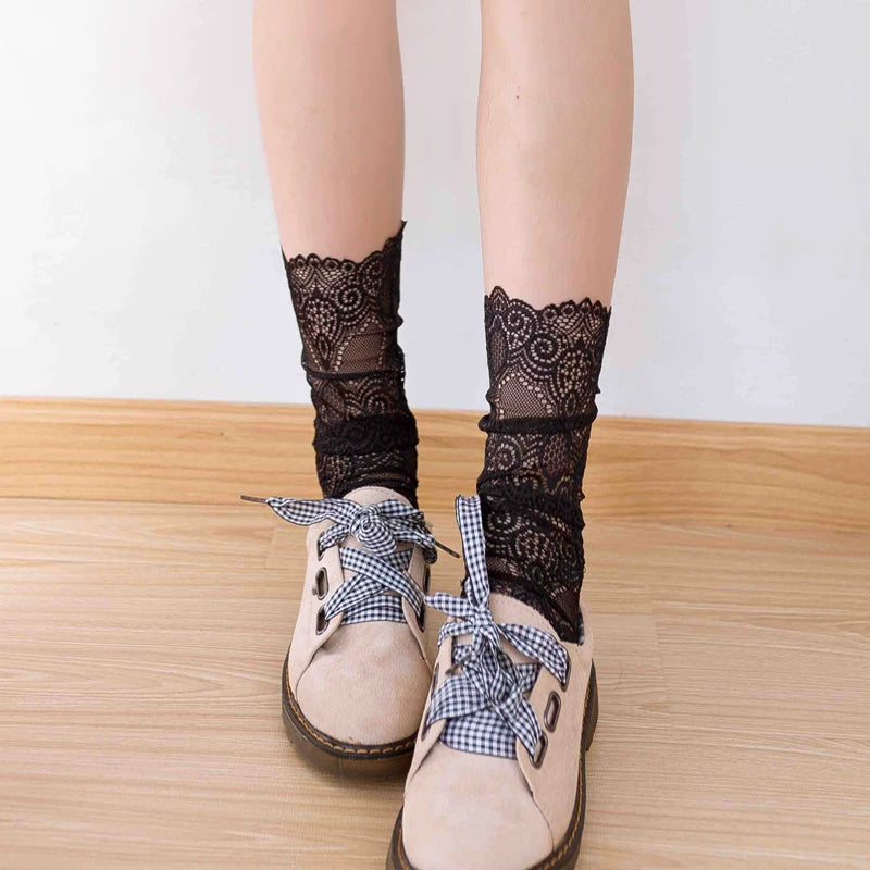 Crystorax | 2-Pack Retro Lace Mesh Mid-Calf Socks for Women, Korean and Japanese Style Hollow Spring Autumn Socks