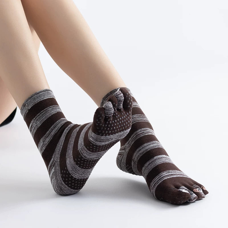 Crystorax | Cartoon Cat Five-Toe Yoga Socks for Women, Striped Non-Slip Mid-Calf Pilates Socks for Indoor Fitness