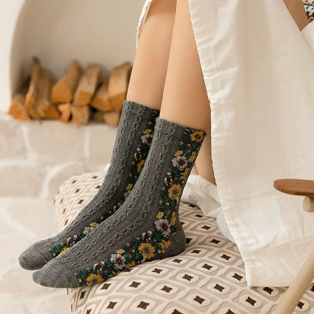 Crystorax | 3-Pack Retro Floral Twist Knit Mid-Calf Socks for Women, Textured Cotton Socks with 3D Flower Details