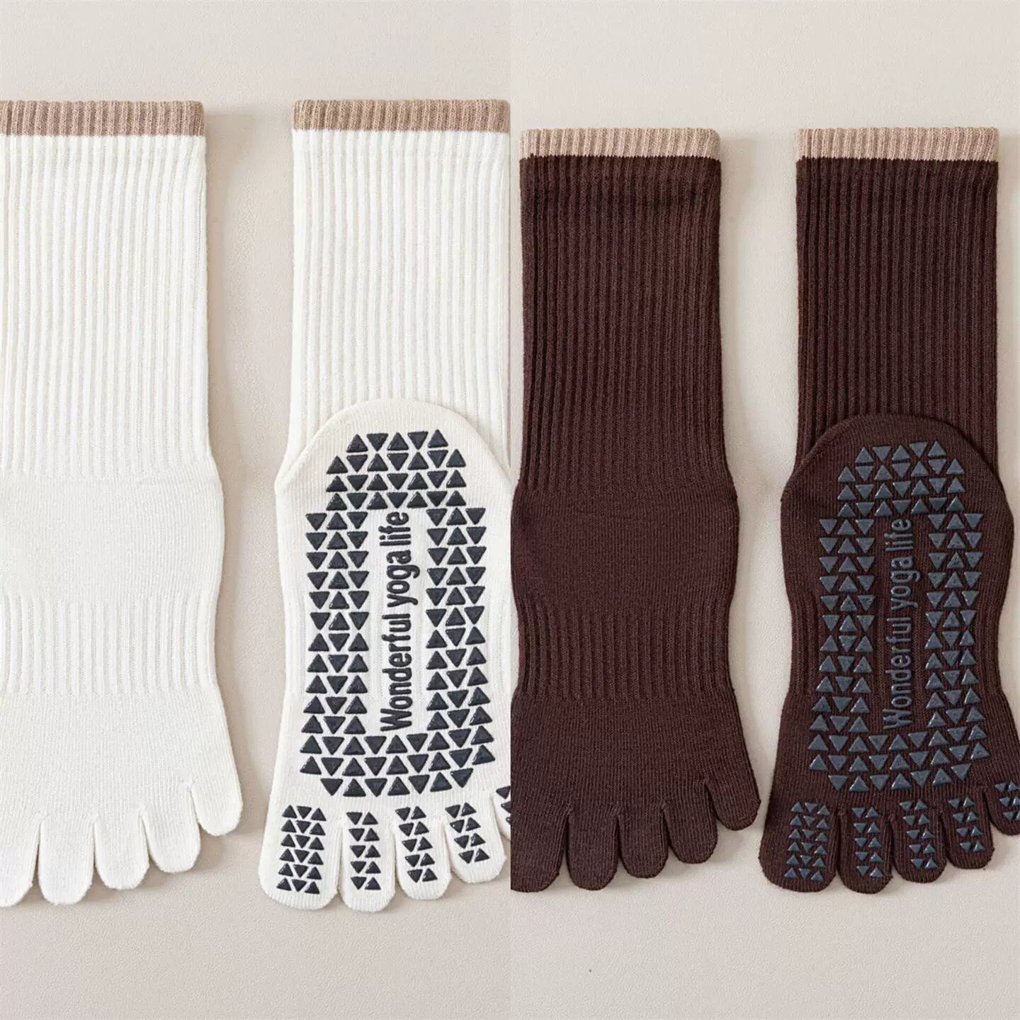 Crystorax | Striped Five-Toe Yoga Socks for Women, Non-Slip Mid-Calf Socks for Pilates, Dance, and Fitness