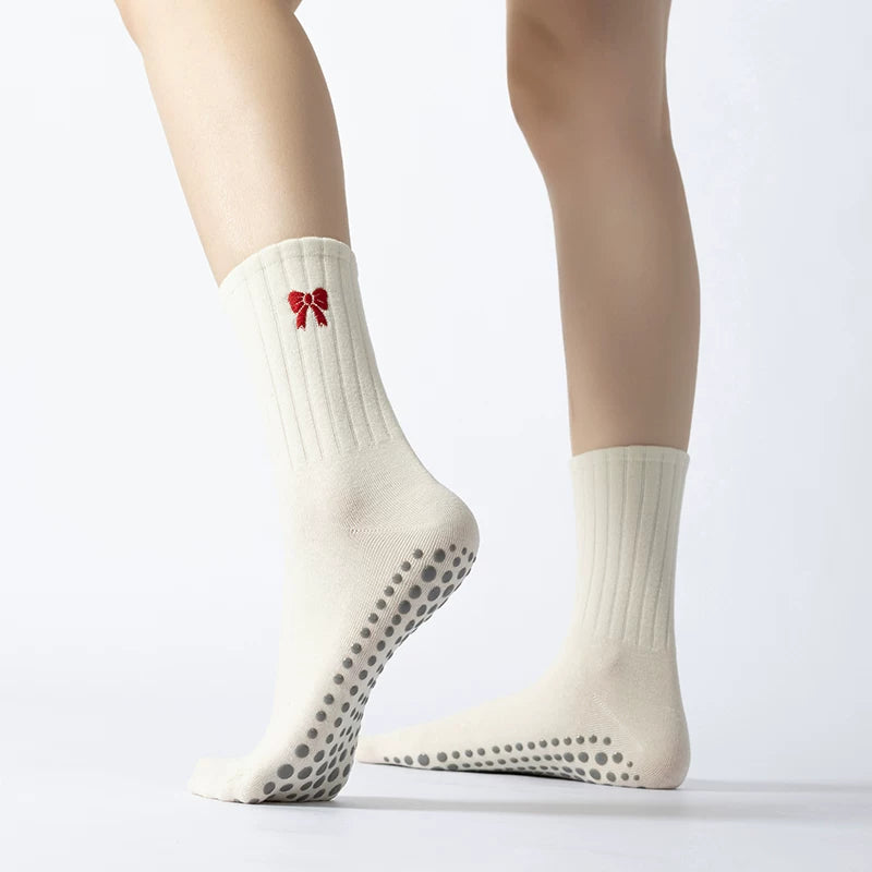 Crystorax | Bow Detail Non-Slip Mid-Calf Yoga Socks for Women, Pilates and Indoor Fitness Socks