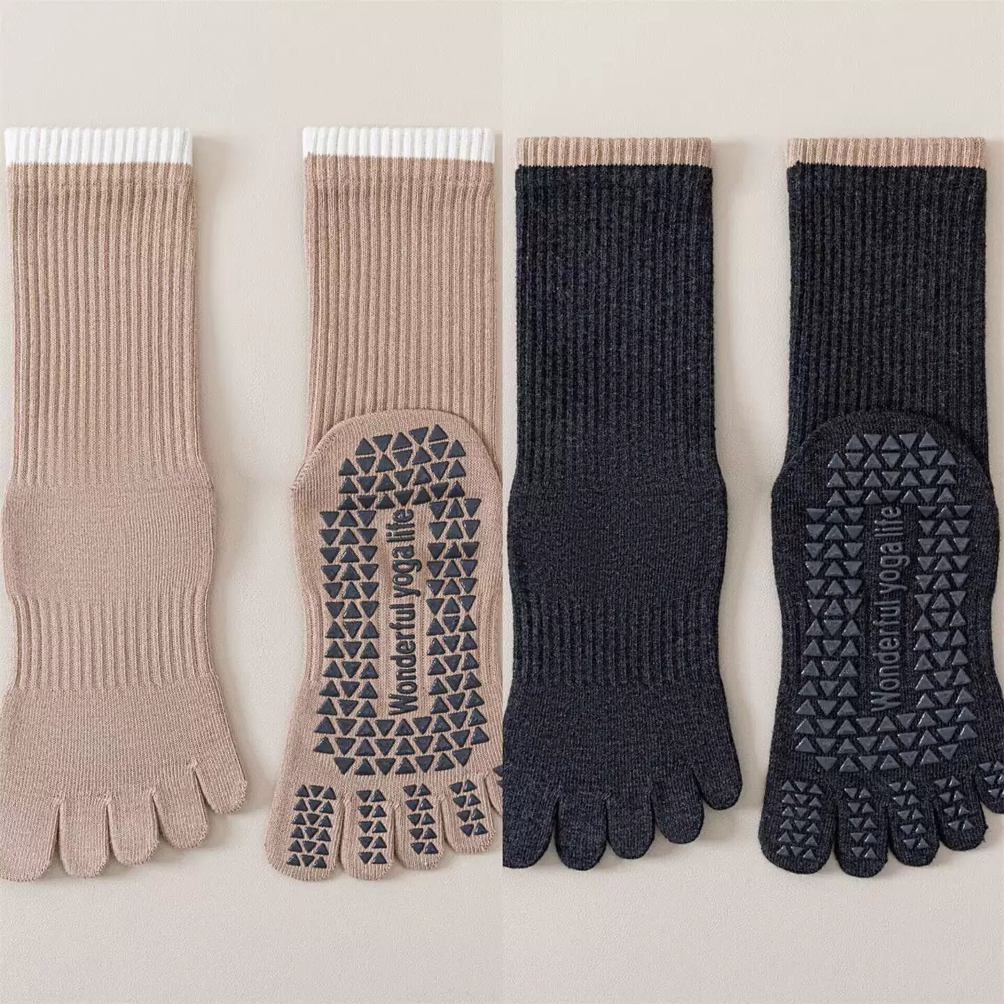 Crystorax | Striped Five-Toe Yoga Socks for Women, Non-Slip Mid-Calf Socks for Pilates, Dance, and Fitness