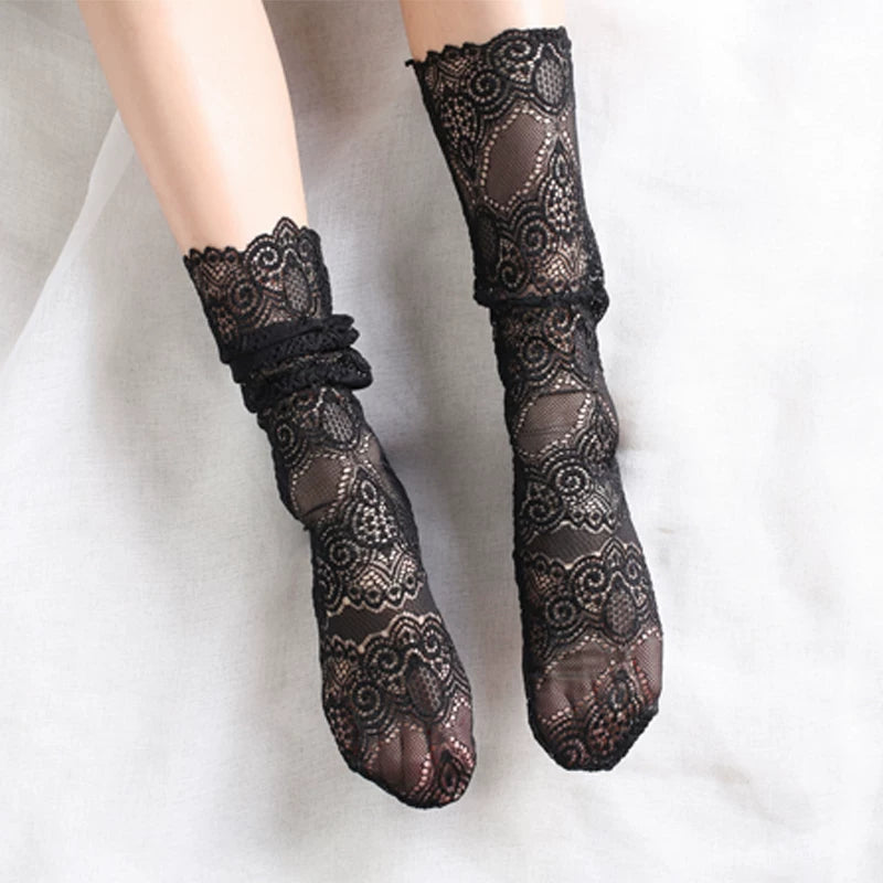 Crystorax | 2-Pack Retro Lace Mesh Mid-Calf Socks for Women, Korean and Japanese Style Hollow Spring Autumn Socks