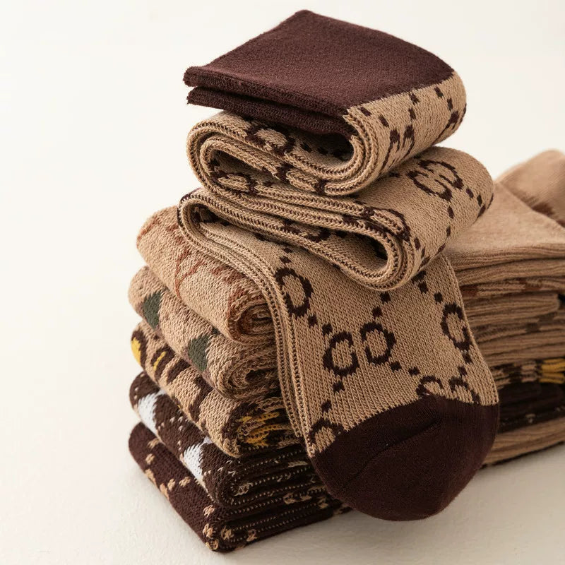 Crystorax | Retro Letter Knit Long Tube Socks for Women, Double-Needle Cotton Pile Socks in Maillard Brown for Autumn and Winter