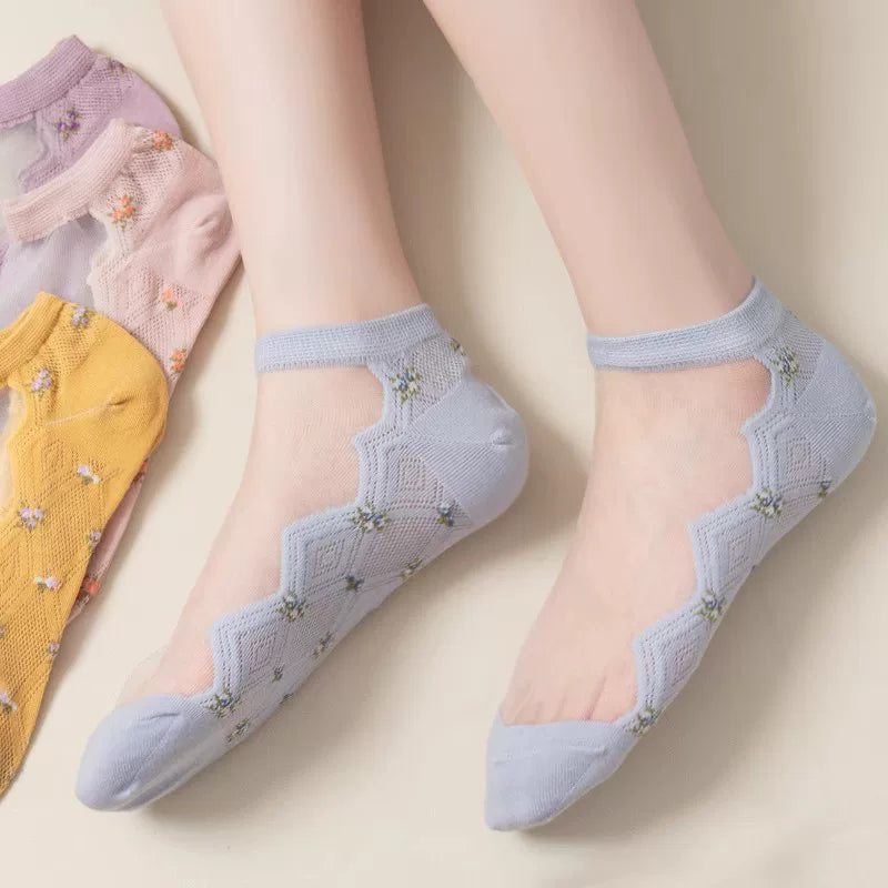 Crystorax | 5-Pack Breathable Mesh Boat Socks for Women, Lightweight Floral Jacquard Cotton Socks for Spring and Summer