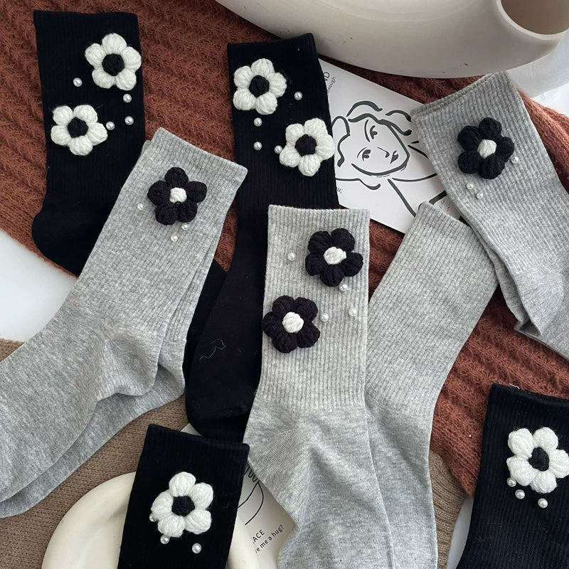 Crystorax | Black and Gray Floral Mid-Calf Socks for Women, Soft Cotton Korean-Inspired Fashion Socks with Pearl Details