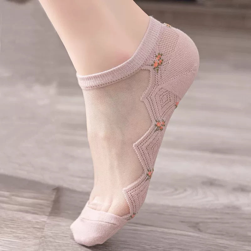 Crystorax | 5-Pack Breathable Mesh Boat Socks for Women, Lightweight Floral Jacquard Cotton Socks for Spring and Summer