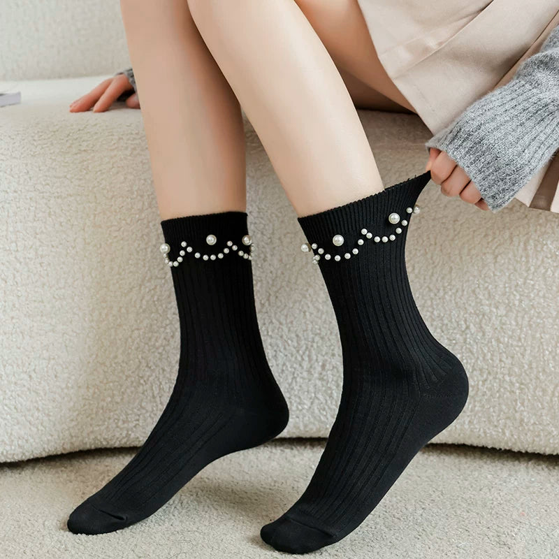 Crystorax | Black Pearl Smiley Mid-Calf Socks for Women, Japanese-Inspired British Style Socks for Leather Shoes
