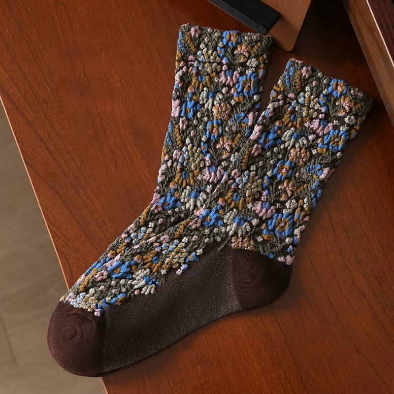 Crystorax | Embossed Floral Pile Socks for Women, Retro Forest Style Mid-Calf Socks for Spring and Autumn