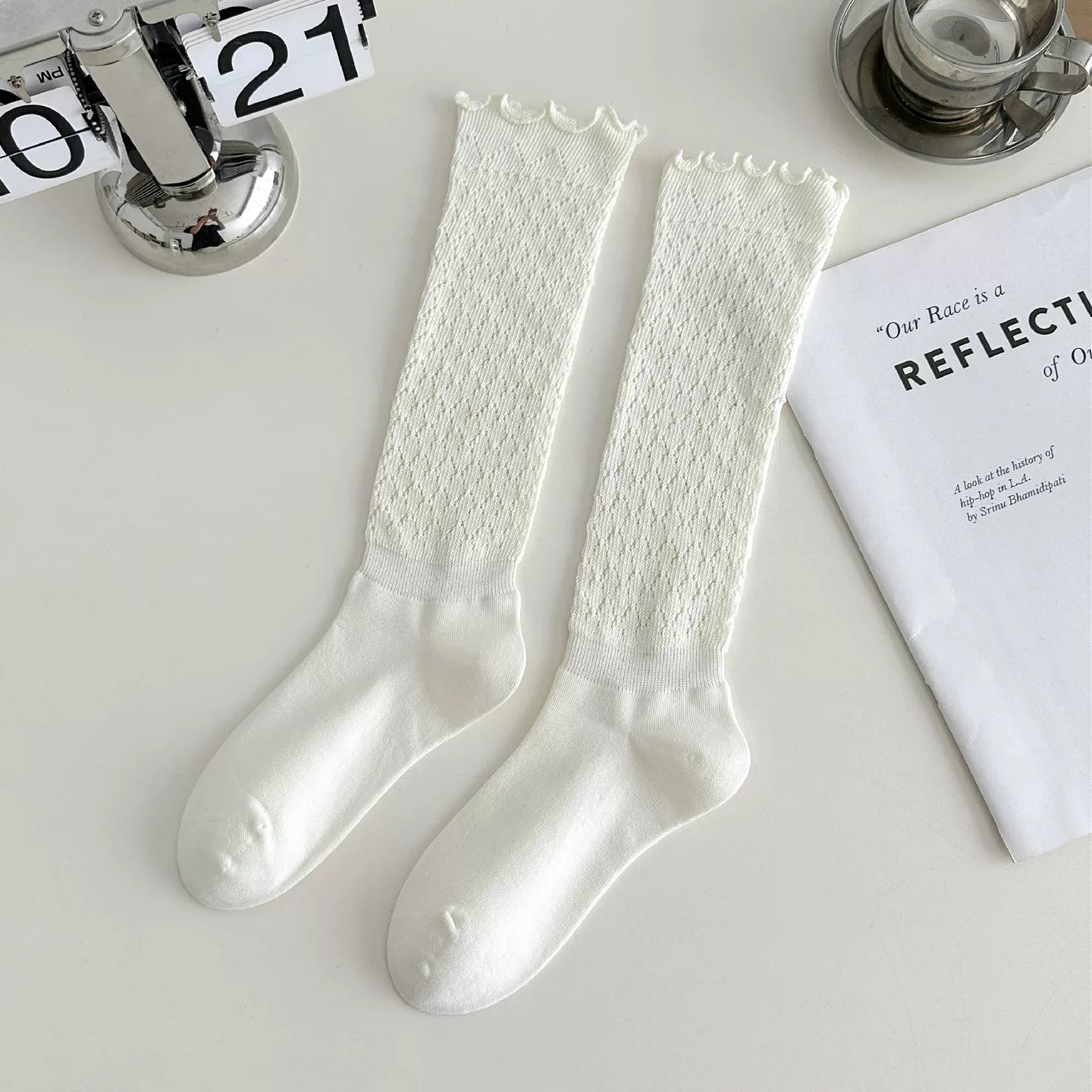 Crystorax | Women’s Knit Calf Socks with Lace Trim Detail
