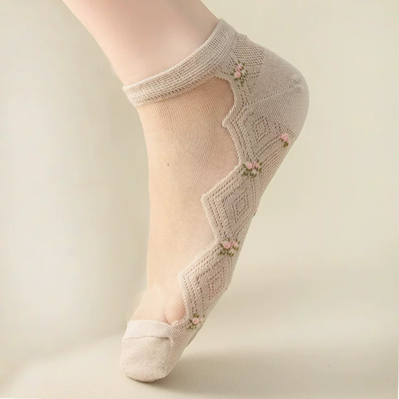 Crystorax | 5-Pack Breathable Mesh Boat Socks for Women, Lightweight Floral Jacquard Cotton Socks for Spring and Summer