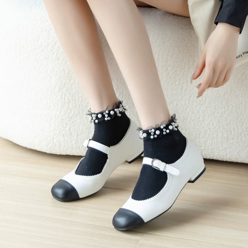 Crystorax | Black and White Lace Mid-Calf Socks for Women, Japanese-Inspired Cute Pearl Detail Spring Fashion Socks