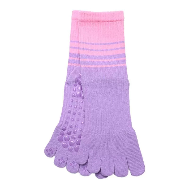 Crystorax | Gradient Stripe Non-Slip Toe Yoga Socks for Women, Mid-Calf Autumn and Winter Pilates Fitness Socks