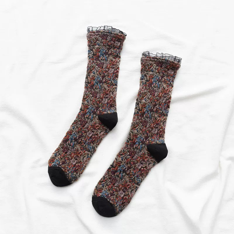Crystorax | Women’s Cotton Mid-Calf Socks with Lace Trim for Autumn Winter
