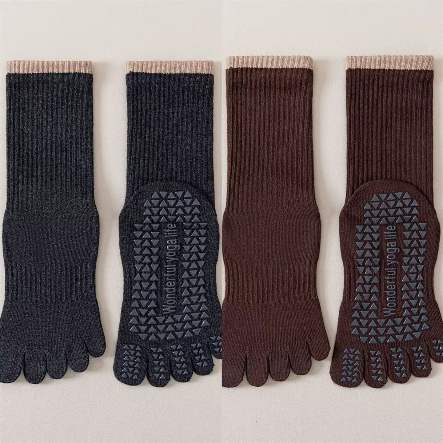 Crystorax | Striped Five-Toe Yoga Socks for Women, Non-Slip Mid-Calf Socks for Pilates, Dance, and Fitness