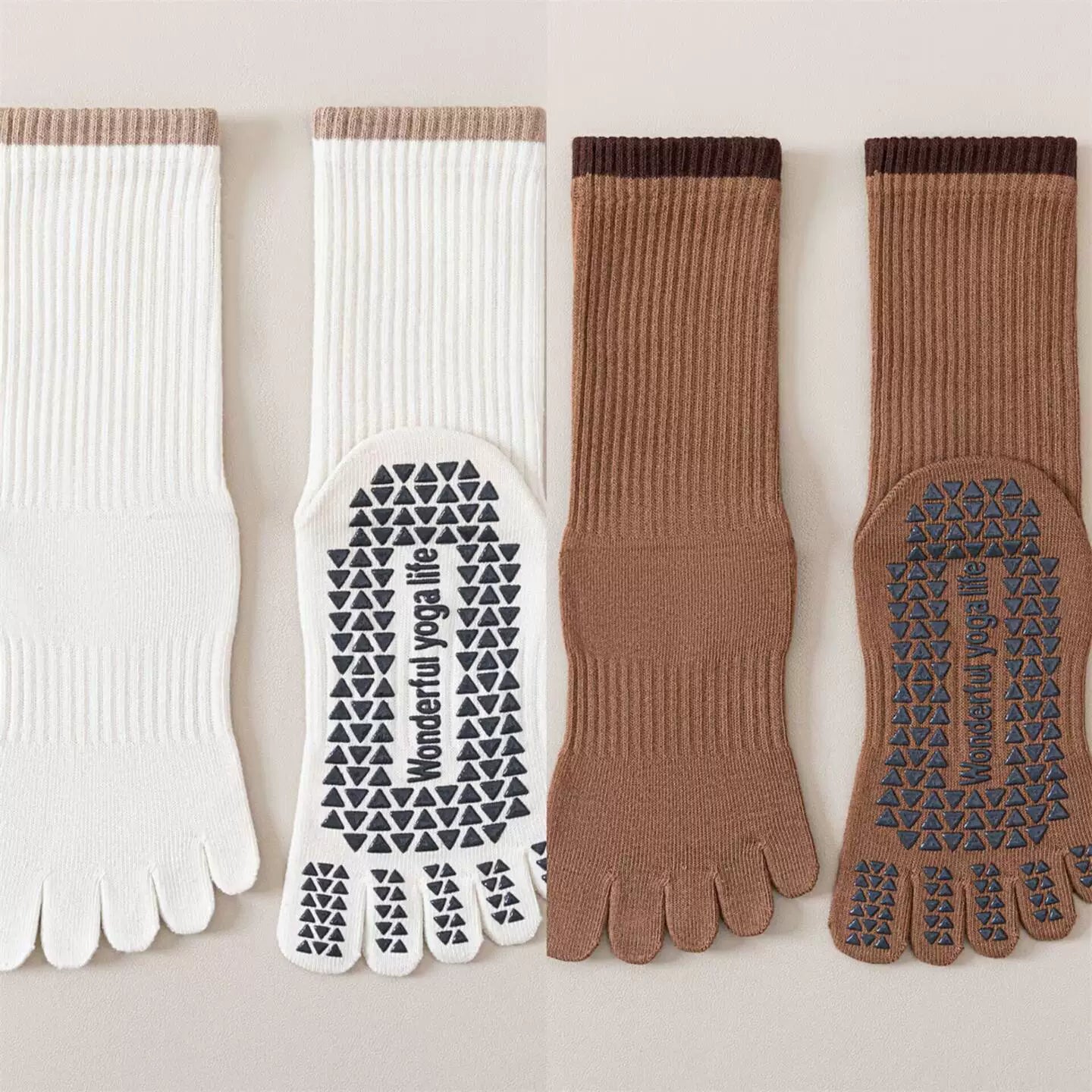 Crystorax | Striped Five-Toe Yoga Socks for Women, Non-Slip Mid-Calf Socks for Pilates, Dance, and Fitness