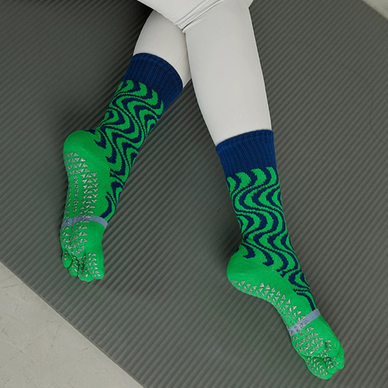 Crystorax | Color-Block Five-Toe Non-Slip Yoga Socks for Women, Mid-Length Split-Toe Pilates Socks for Indoor Fitness