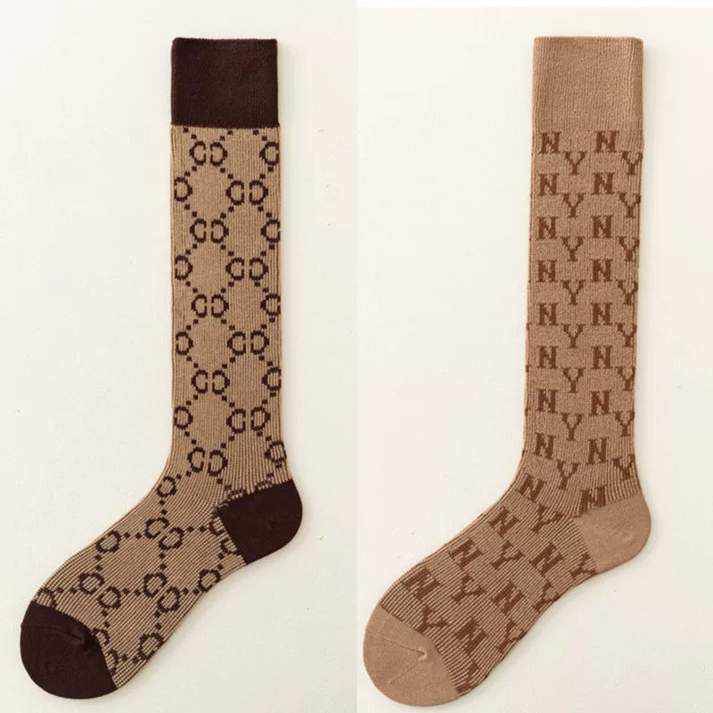 Crystorax | Retro Letter Knit Long Tube Socks for Women, Double-Needle Cotton Pile Socks in Maillard Brown for Autumn and Winter