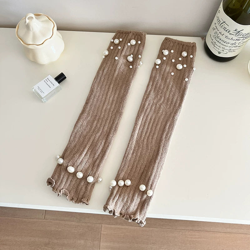 Crystorax | Pearl Accent Leg Warmers for Women, Autumn Winter Pile Mid-Calf Socks with JK and Y2K Style