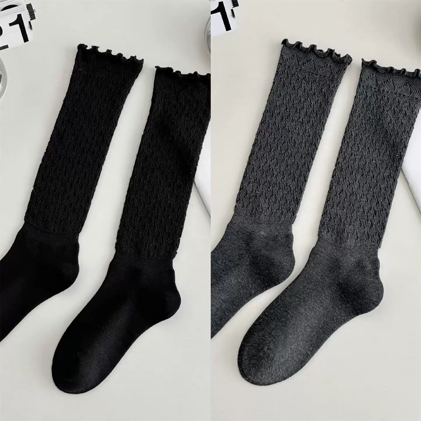Crystorax | Women’s Knit Calf Socks with Lace Trim Detail