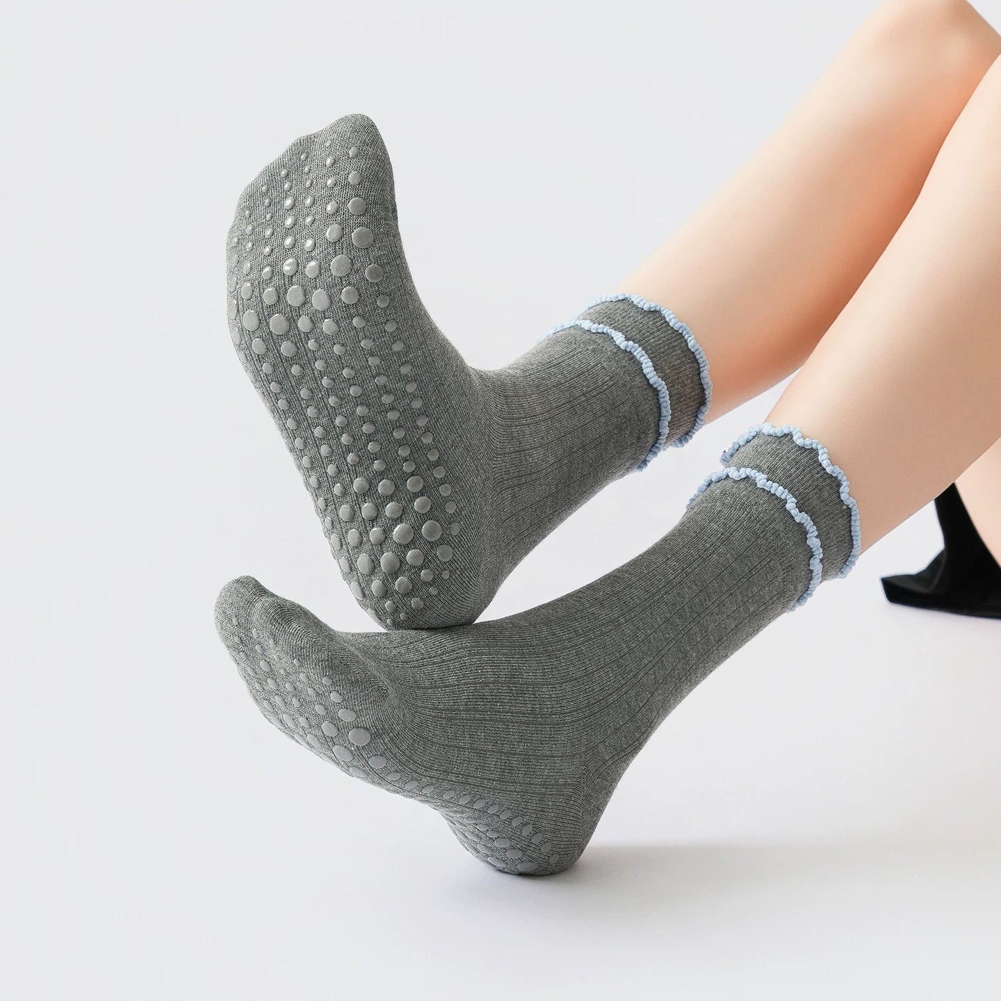 Crystorax | Lace Trim Non-Slip Mid-Calf Yoga Socks for Women, Autumn and Winter Pilates Socks for Indoor Fitness