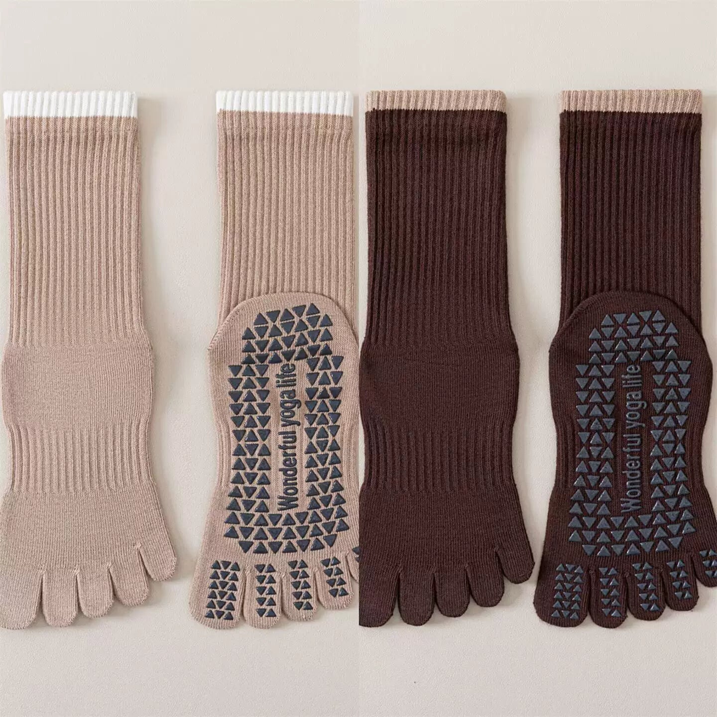 Crystorax | Striped Five-Toe Yoga Socks for Women, Non-Slip Mid-Calf Socks for Pilates, Dance, and Fitness