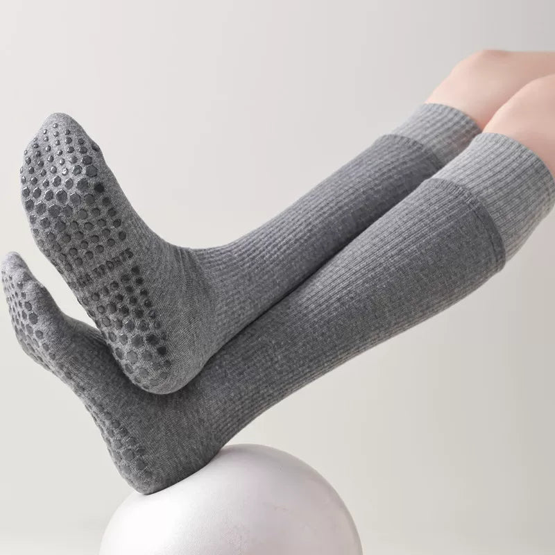 Crystorax | Long Tube Non-Slip Yoga Socks for Women, Double-Cuff Mid-Calf Socks for Pilates and Indoor Fitness