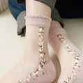 Crystorax | Lightweight Floral Mid-Calf Socks for Women, Breathable Summer Crystal Ice Silk Lace Socks with Cotton Sole