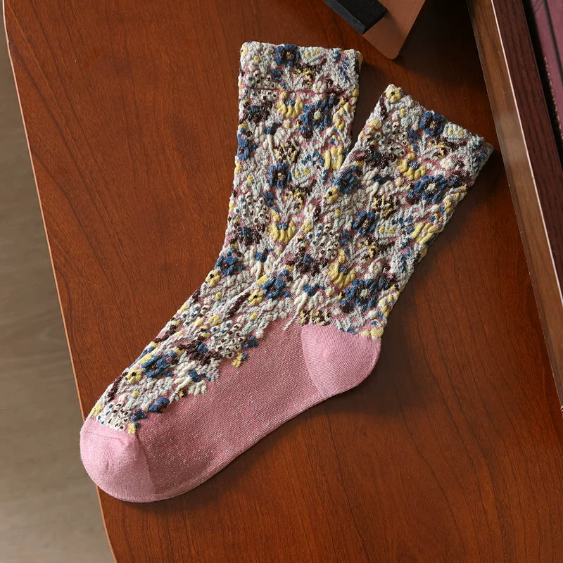 Crystorax | Embossed Floral Pile Socks for Women, Retro Forest Style Mid-Calf Socks for Spring and Autumn