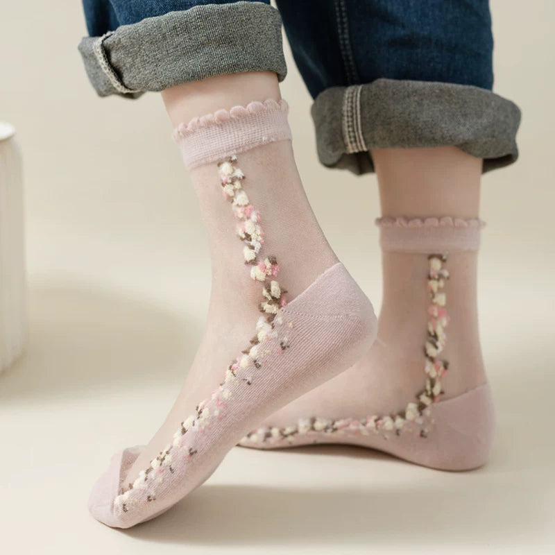 Crystorax | Lightweight Floral Mid-Calf Socks for Women, Breathable Summer Crystal Ice Silk Lace Socks with Cotton Sole