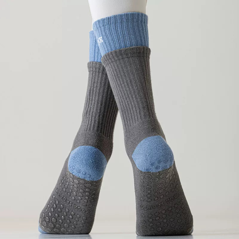Crystorax | Thick Terry Mid-Calf Yoga Socks for Women, Non-Slip Cotton Pilates Socks for Autumn and Winter Indoor Fitness