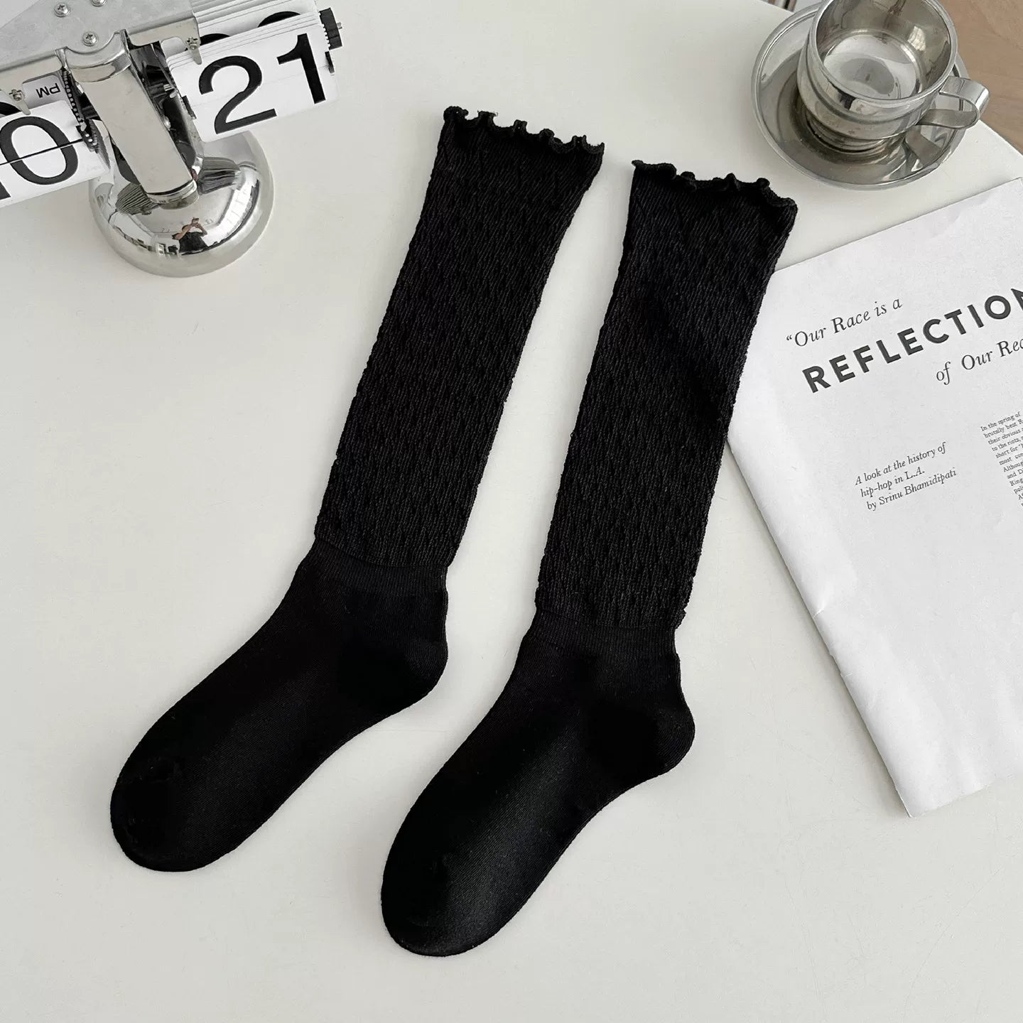 Crystorax | Women’s Knit Calf Socks with Lace Trim Detail