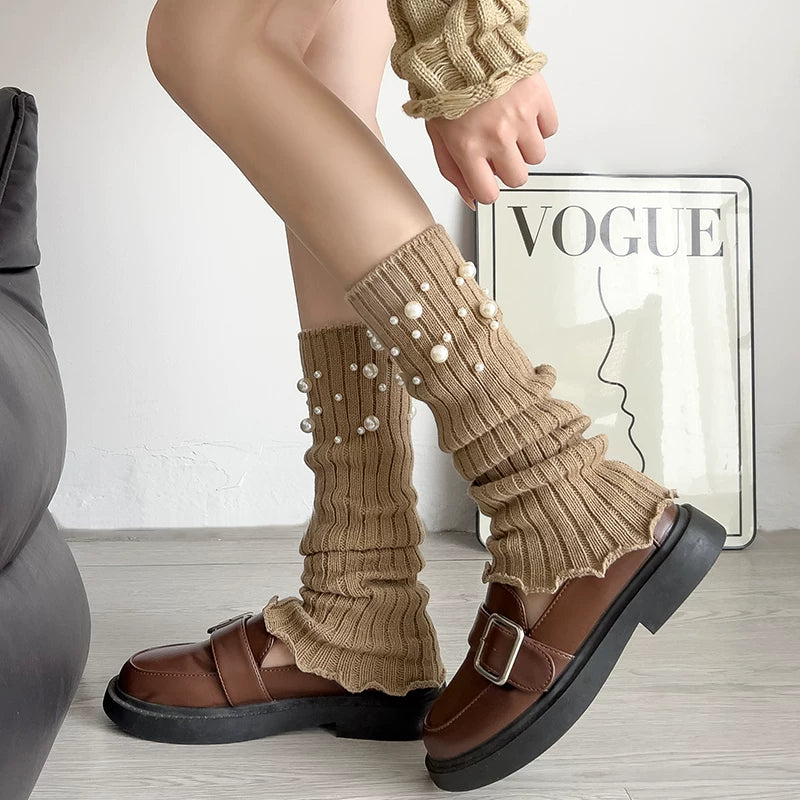 Crystorax | Pearl Accent Leg Warmers for Women, Autumn Winter Pile Mid-Calf Socks with JK and Y2K Style