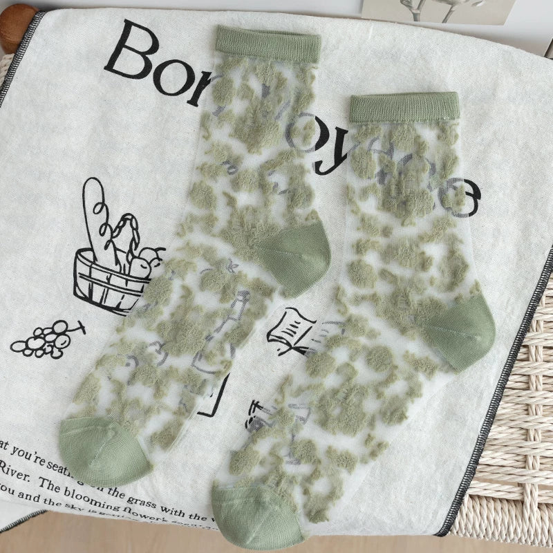 Crystorax | Retro Rose Crystal Silk Mid-Calf Socks for Women, Lightweight Spring Summer Ice Silk Floral Socks