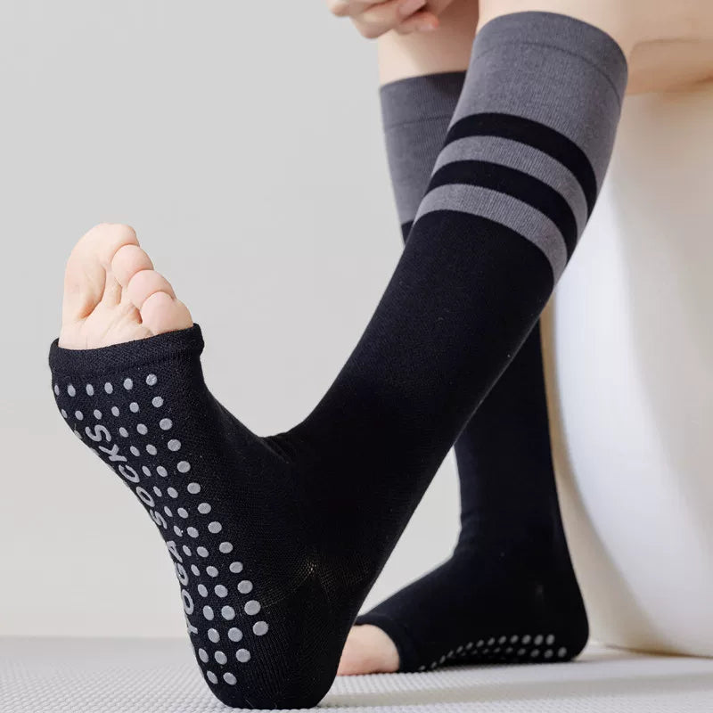 Crystorax | Open-Toe Non-Slip Yoga Mid-Calf Socks for Women, Pilates and Fitness Socks for Spring and Autumn