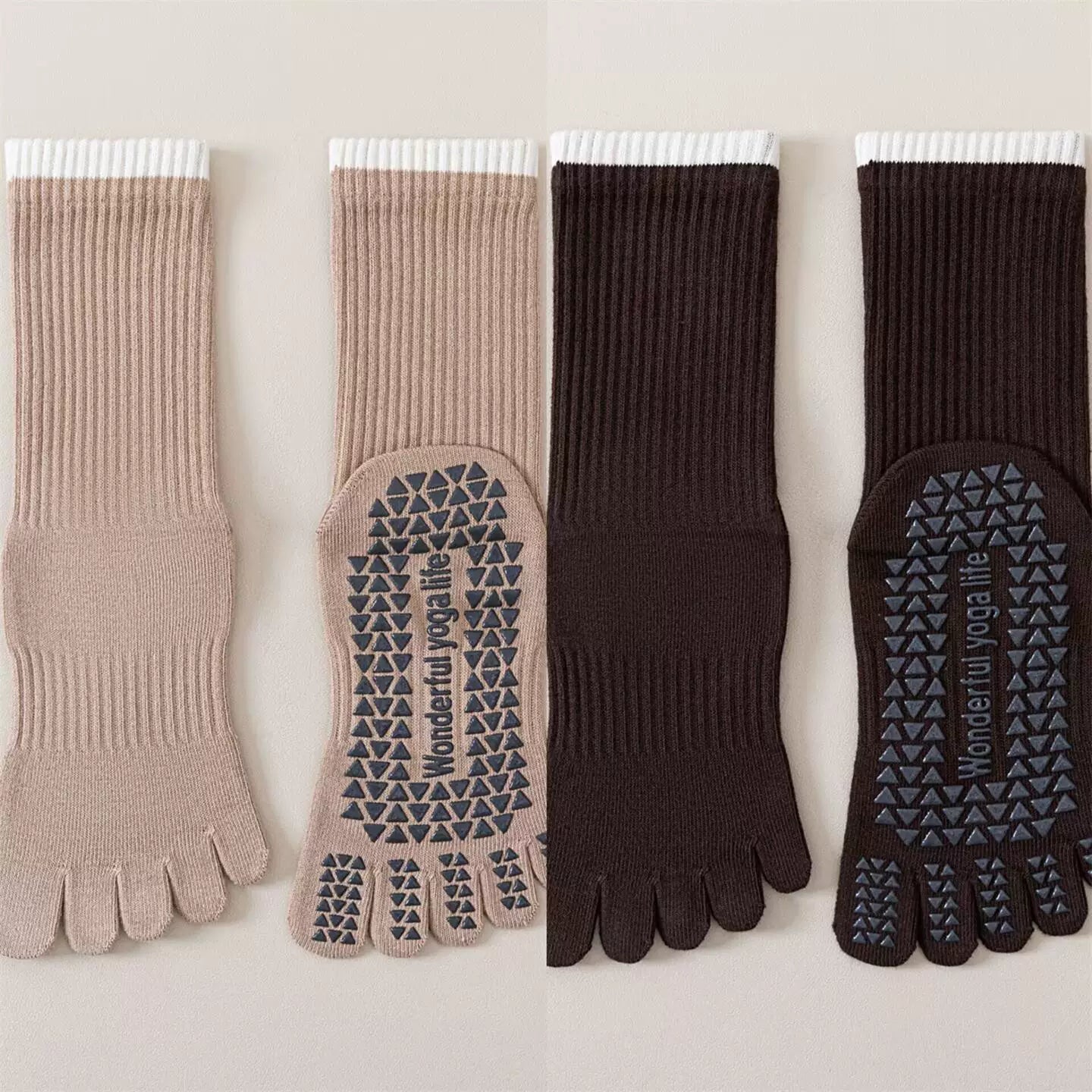 Crystorax | Striped Five-Toe Yoga Socks for Women, Non-Slip Mid-Calf Socks for Pilates, Dance, and Fitness