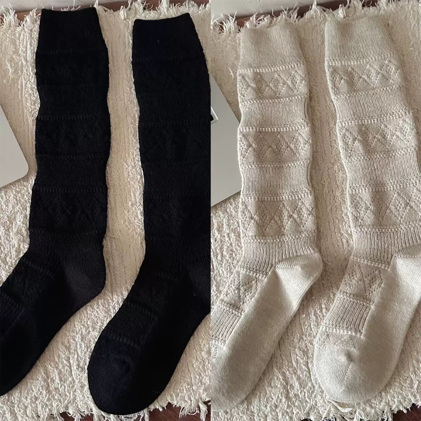 Crystorax | Warm Velvet Diamond Knit Mid-Calf Socks for Women, Korean Retro Pile Socks for Autumn and Winter