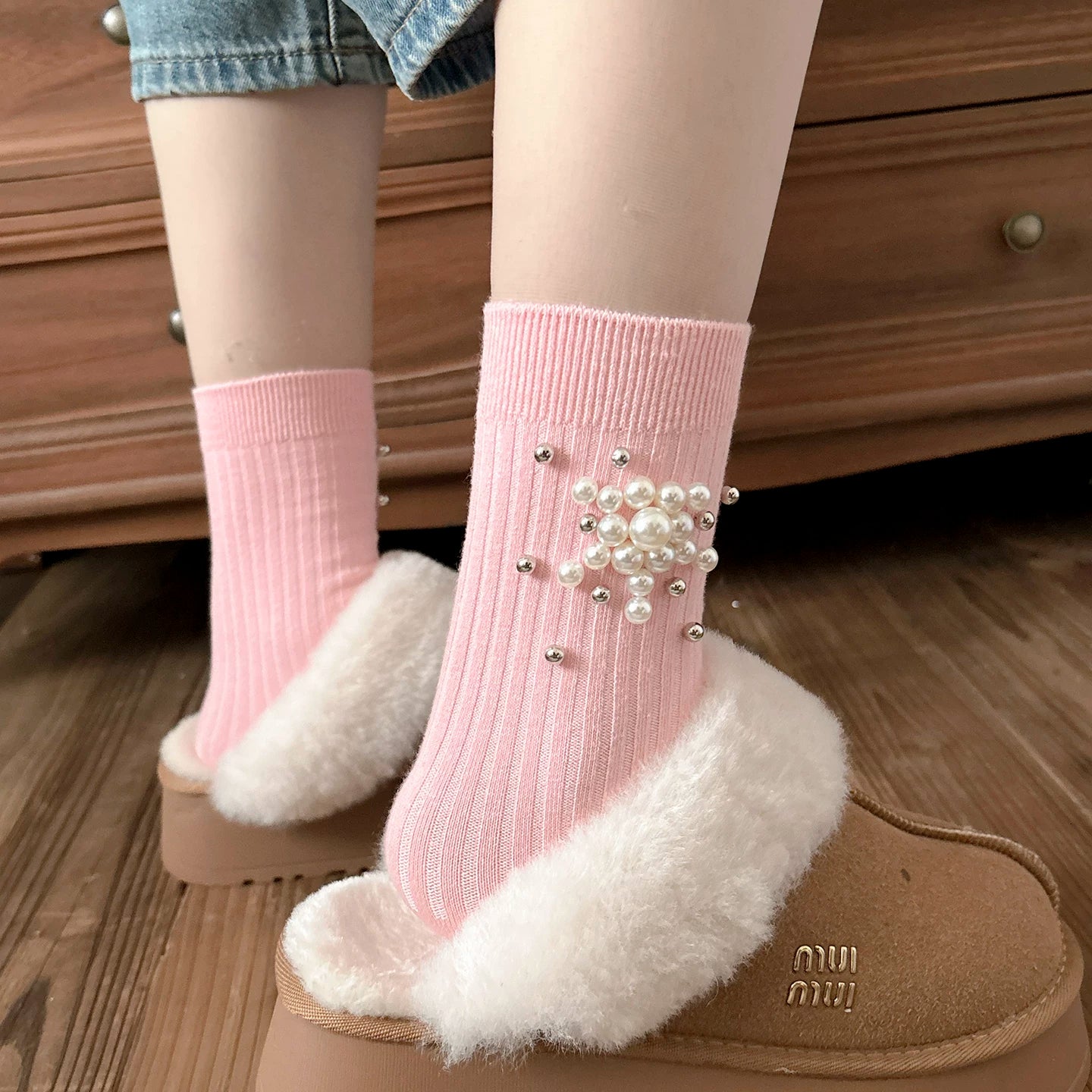 Crystorax | Pearl Detail Cotton Mid-Calf Socks for Women, Korean-Inspired Four-Season Fashion Socks for Leather Shoes
