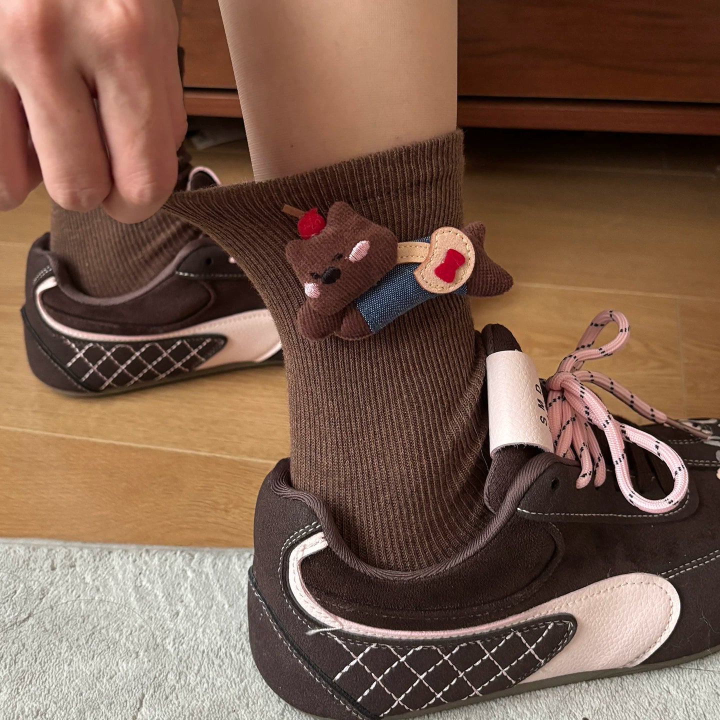 Crystorax | Coffee Brown Cotton Mid-Calf Socks for Women, Autumn Winter Japanese Cute Cartoon Socks for Leather Shoes