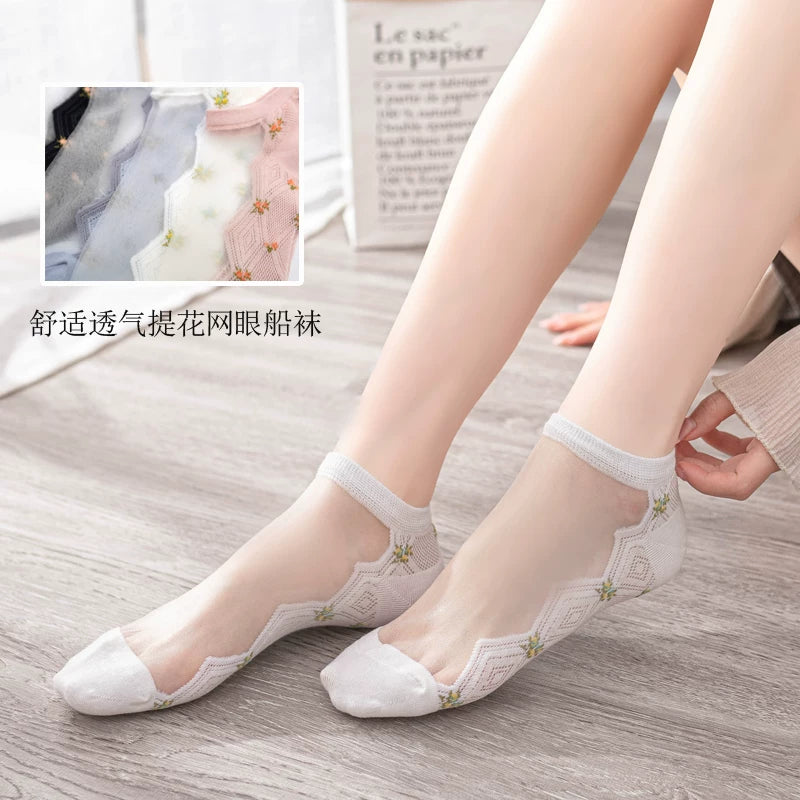 Crystorax | 5-Pack Breathable Mesh Boat Socks for Women, Lightweight Floral Jacquard Cotton Socks for Spring and Summer