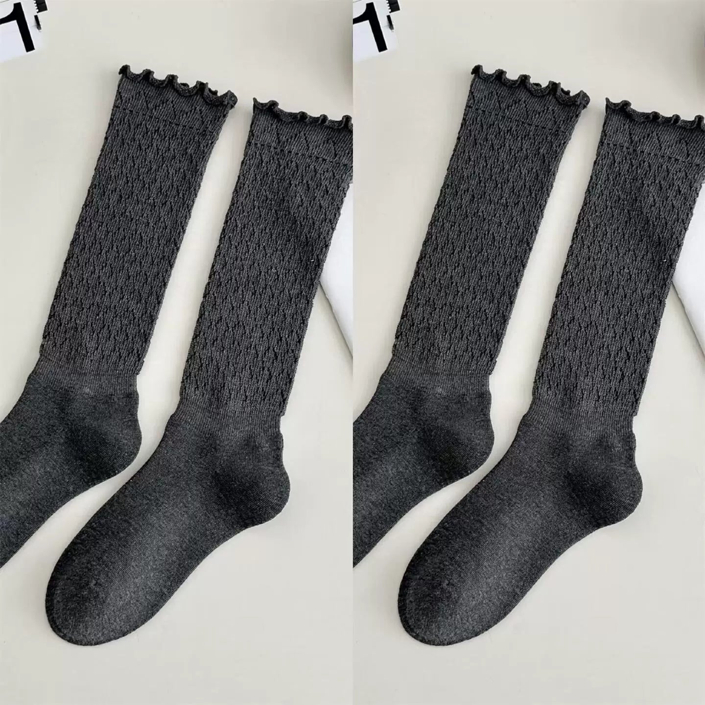 Crystorax | Women’s Knit Calf Socks with Lace Trim Detail